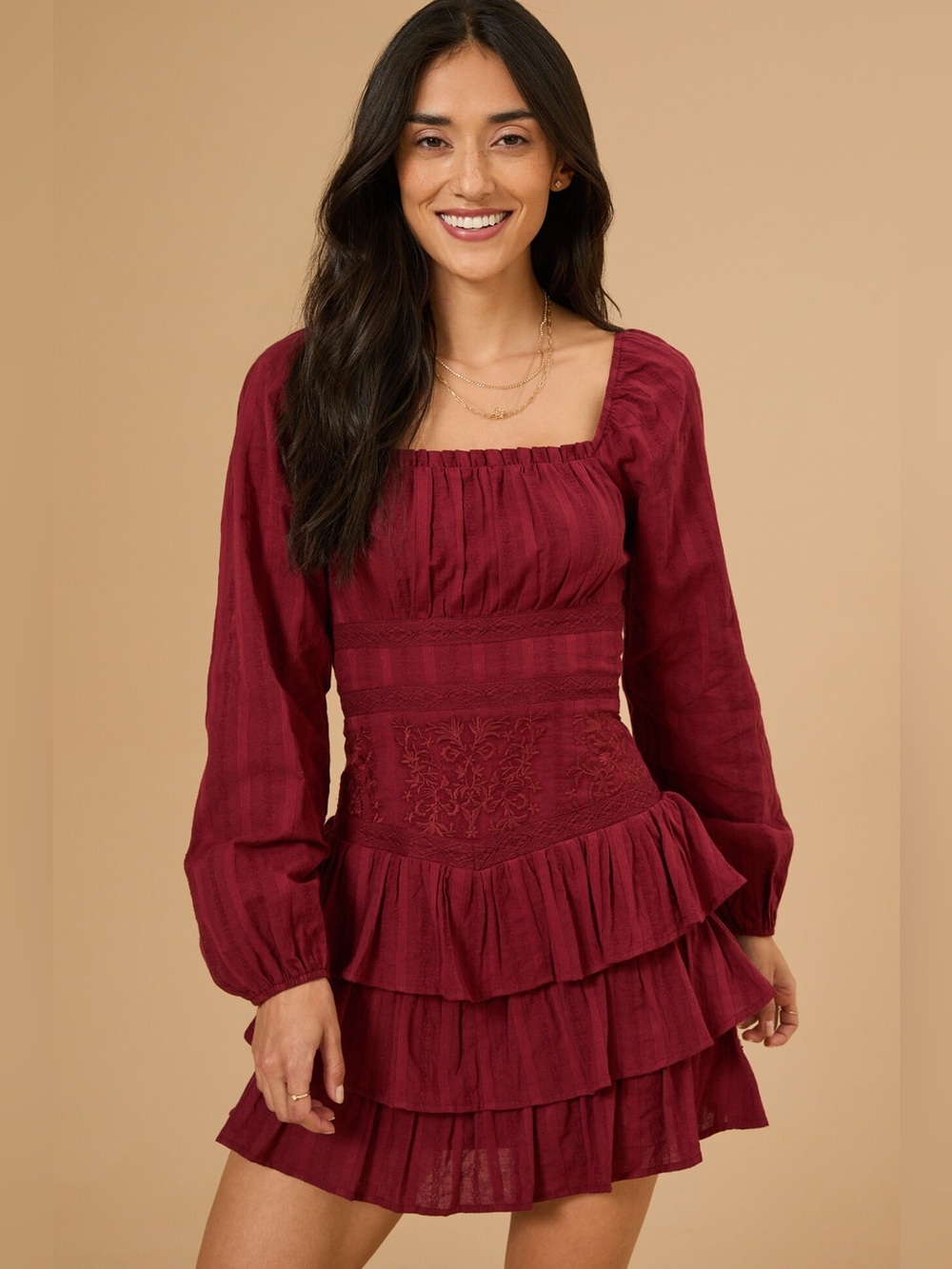 Altar'd State Burgundy Long-Sleeve Tiered Ruffle Mini Dress